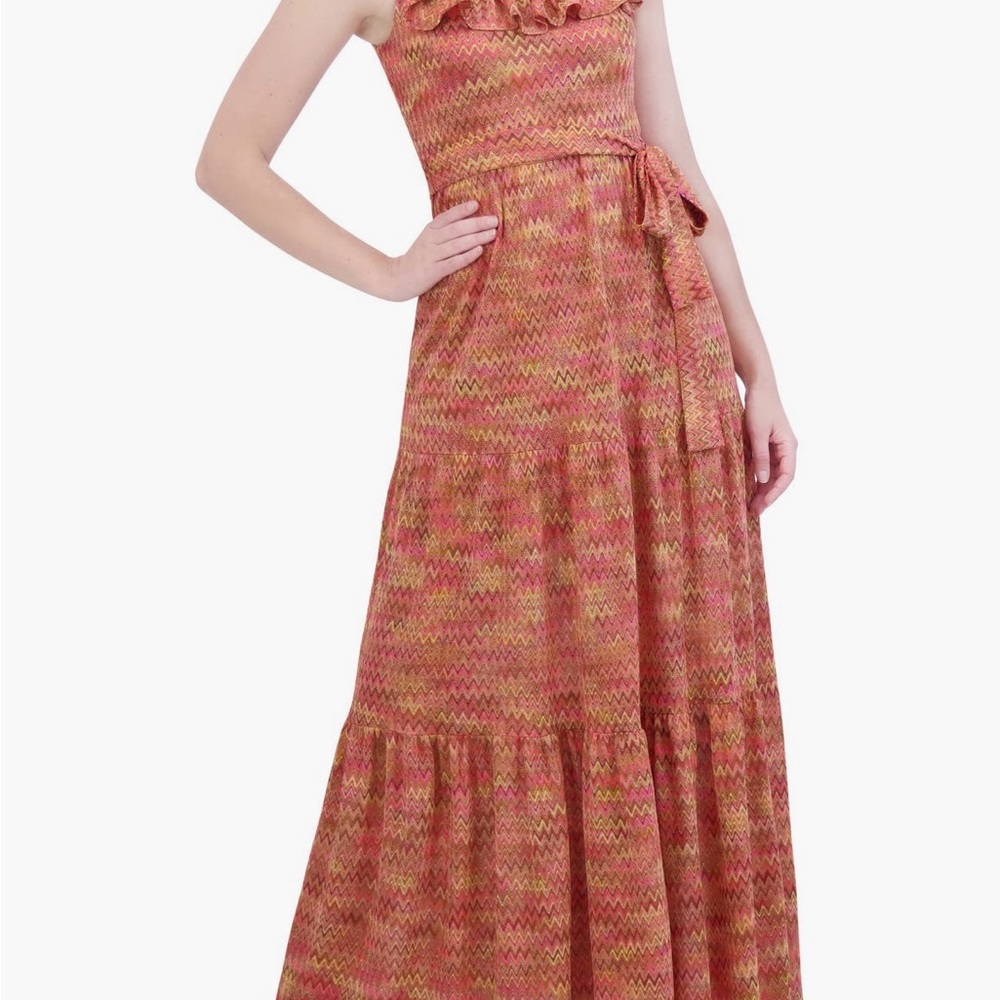 Eliza J Coral and Gold Chevron Stripe Tiered Ruffle Maxi Dress